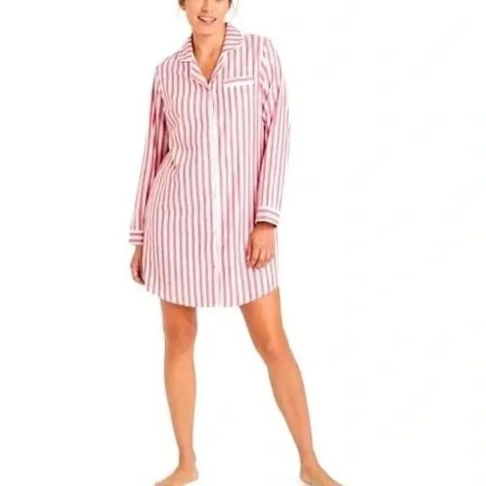 Red & White Striped Button-Down Nightshirt Stars Above Long Sleeves Flannel XL - Picture 3 of 11